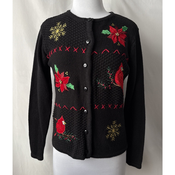 Womens Petite S Embroidered Red Cardinal Beaded Christmas Cardigan Sweater Retro - Picture 3 of 9
